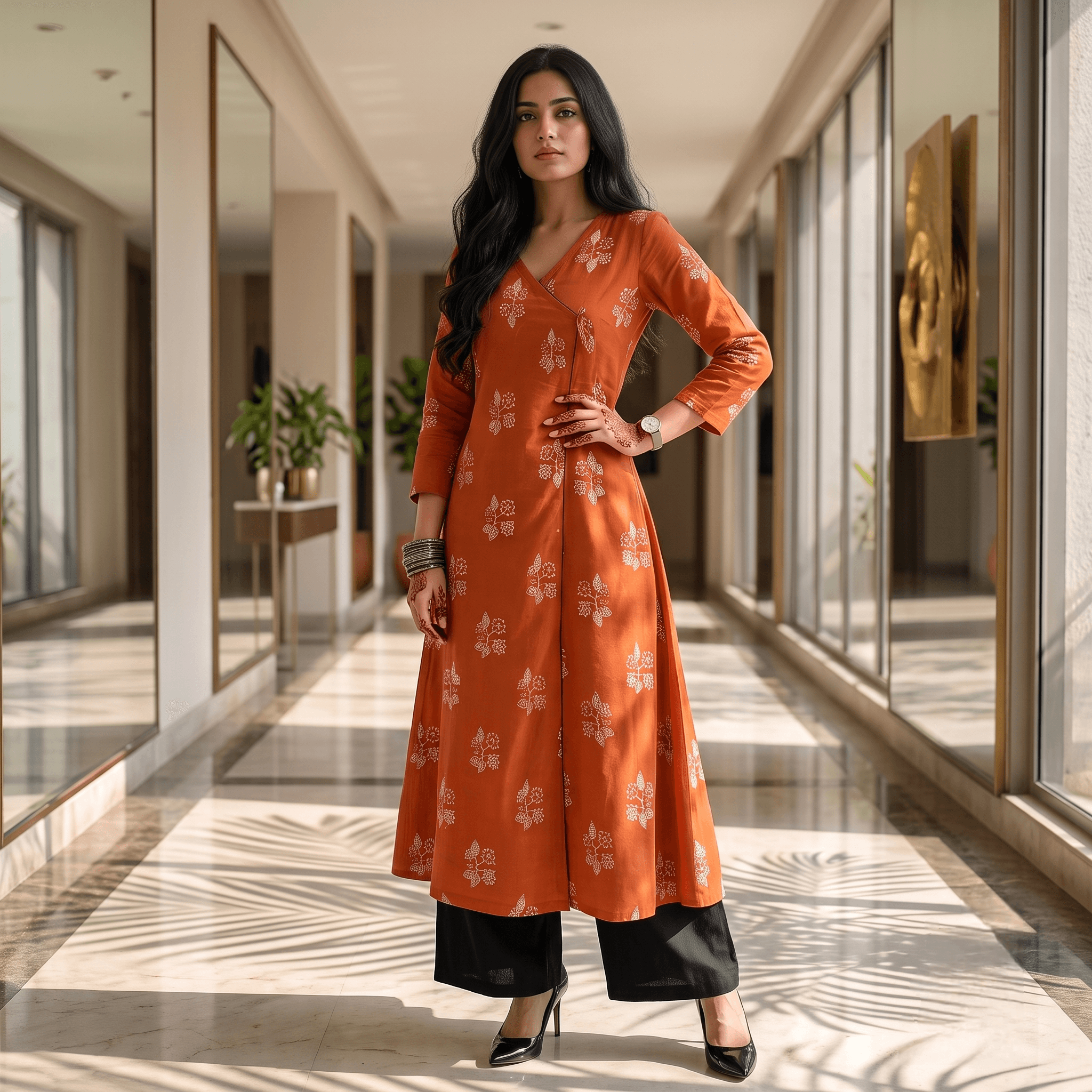 Rust Printed Cotton A-Line Long Kurti