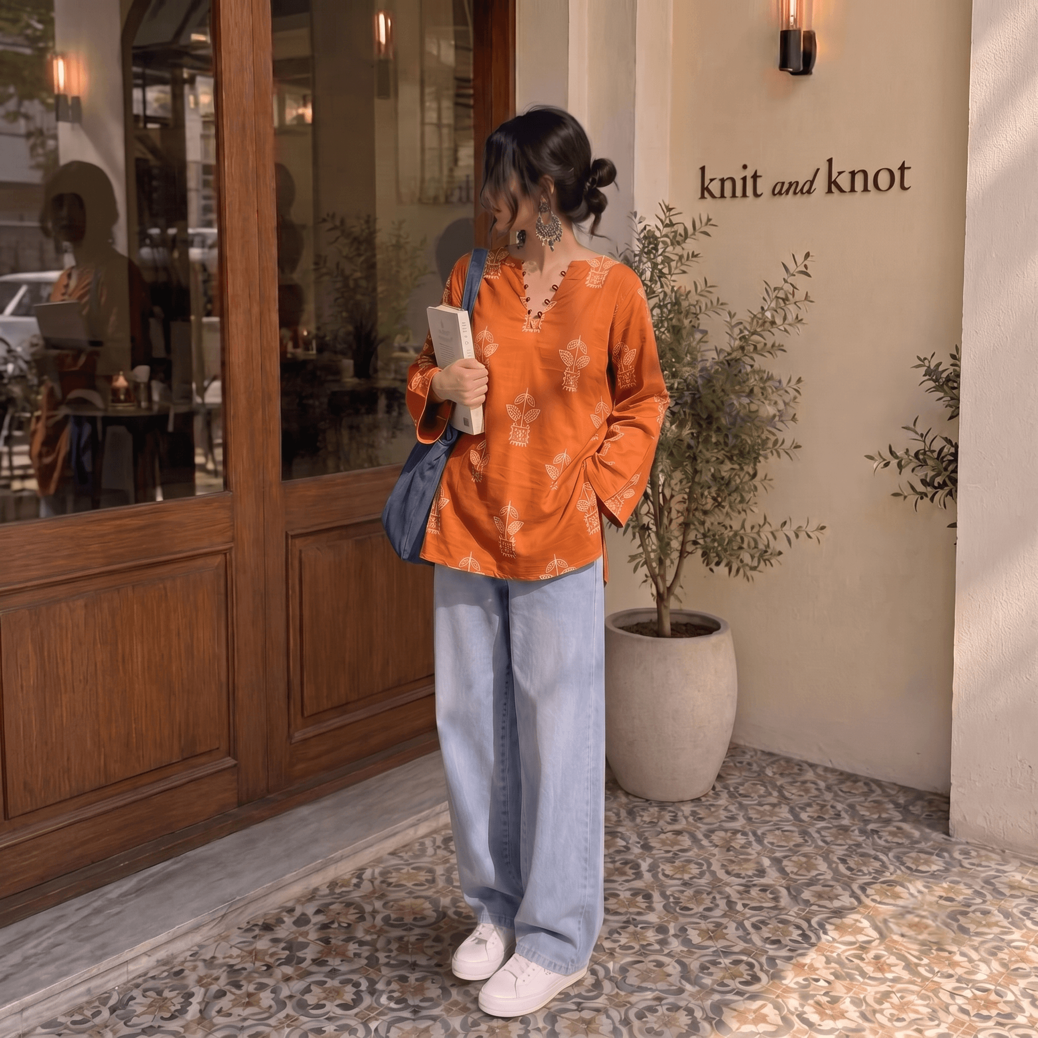 Mustard Orange Printed Cotton Short Kurti