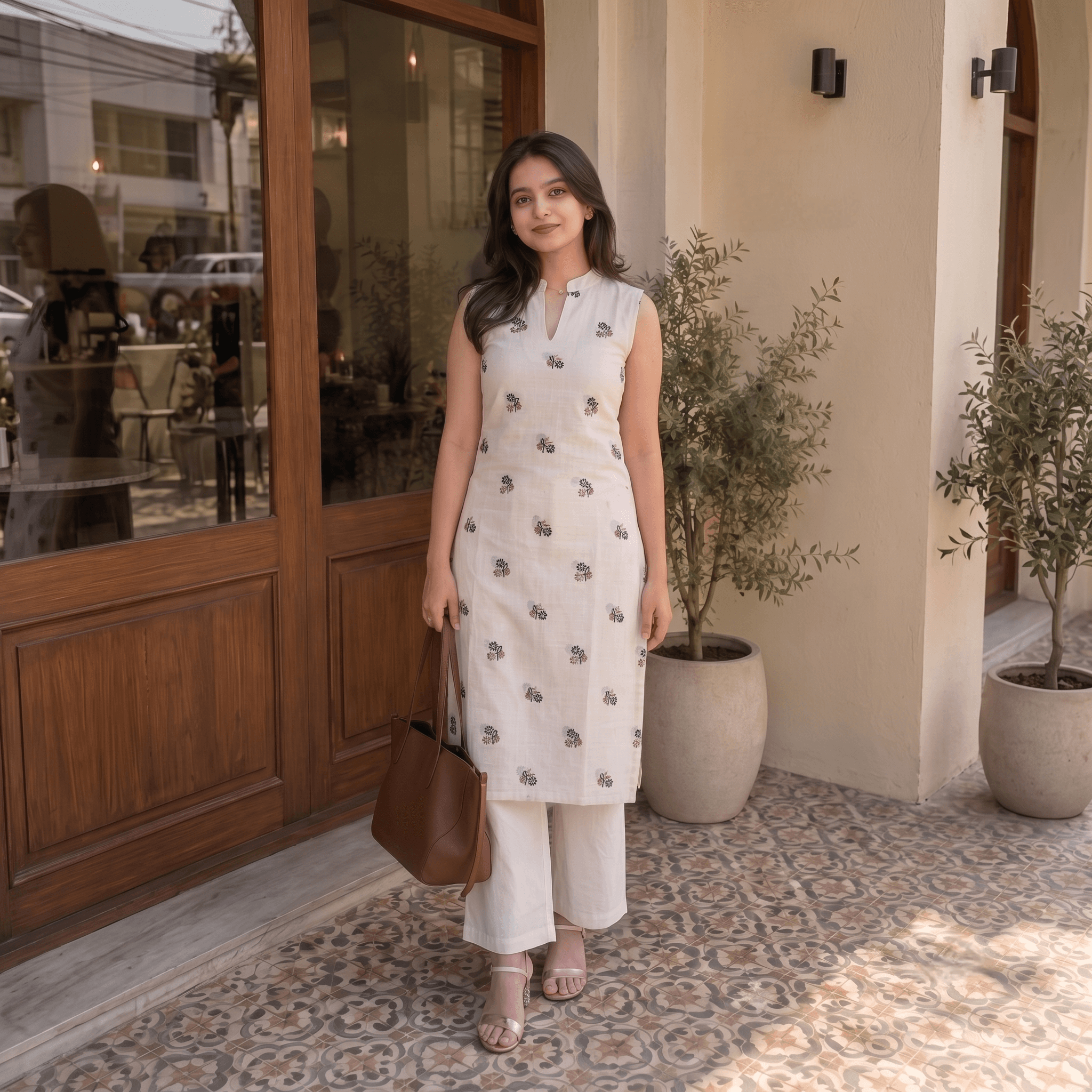 Off-white embroidered kurti, an example of a customisable Knit & Knot design