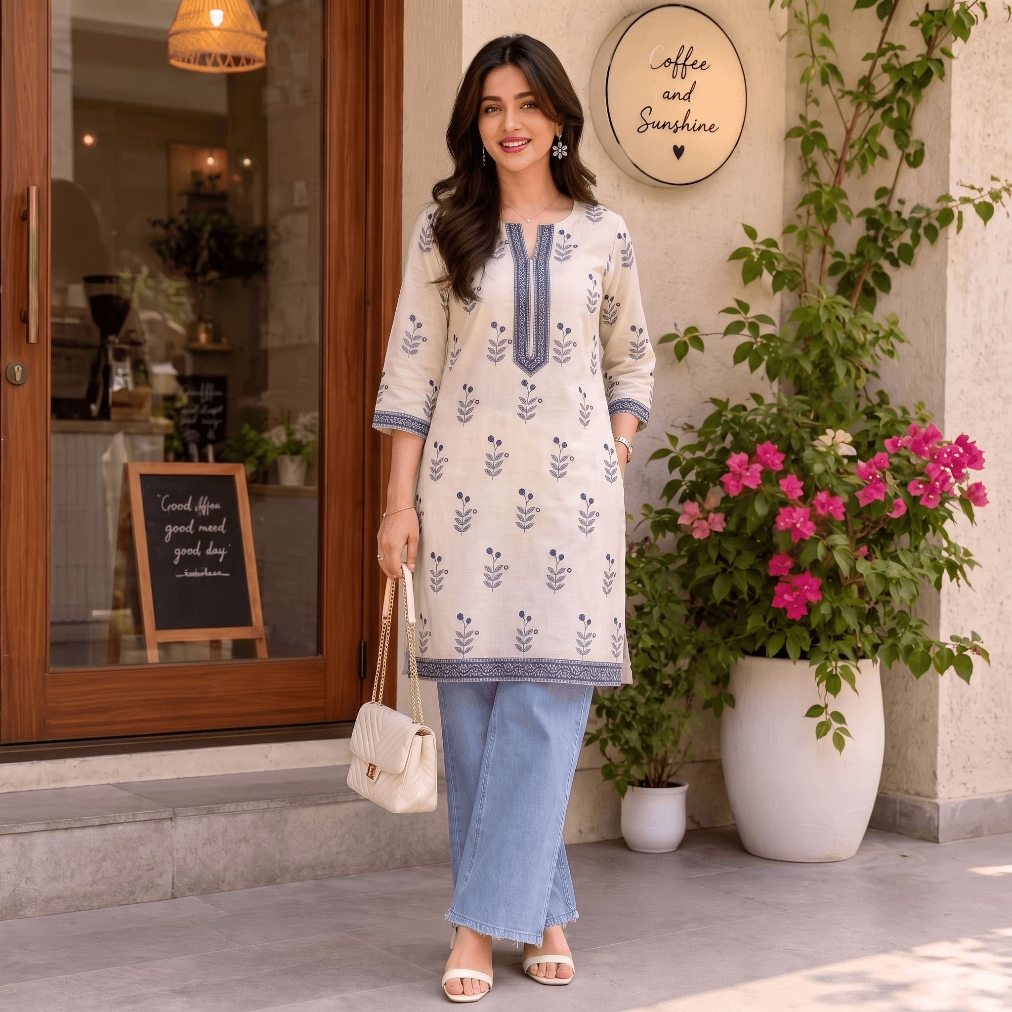 White & Indigo Floral Printed Cotton Straight Kurti