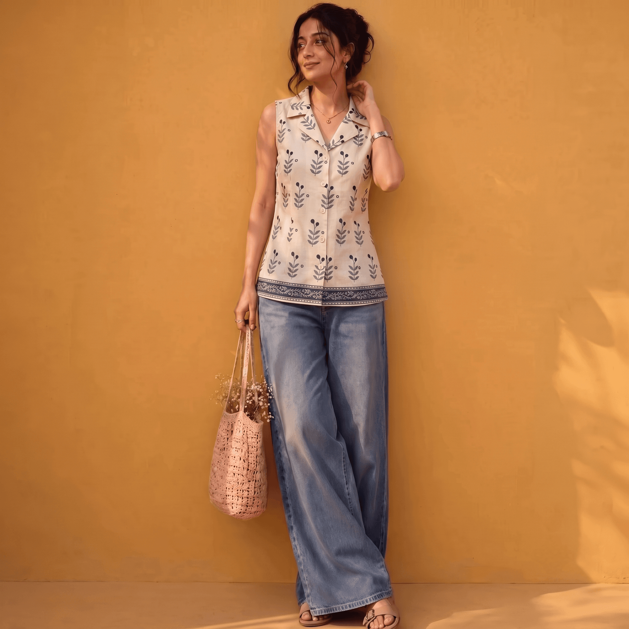 White & Indigo Floral Collared Cotton Top