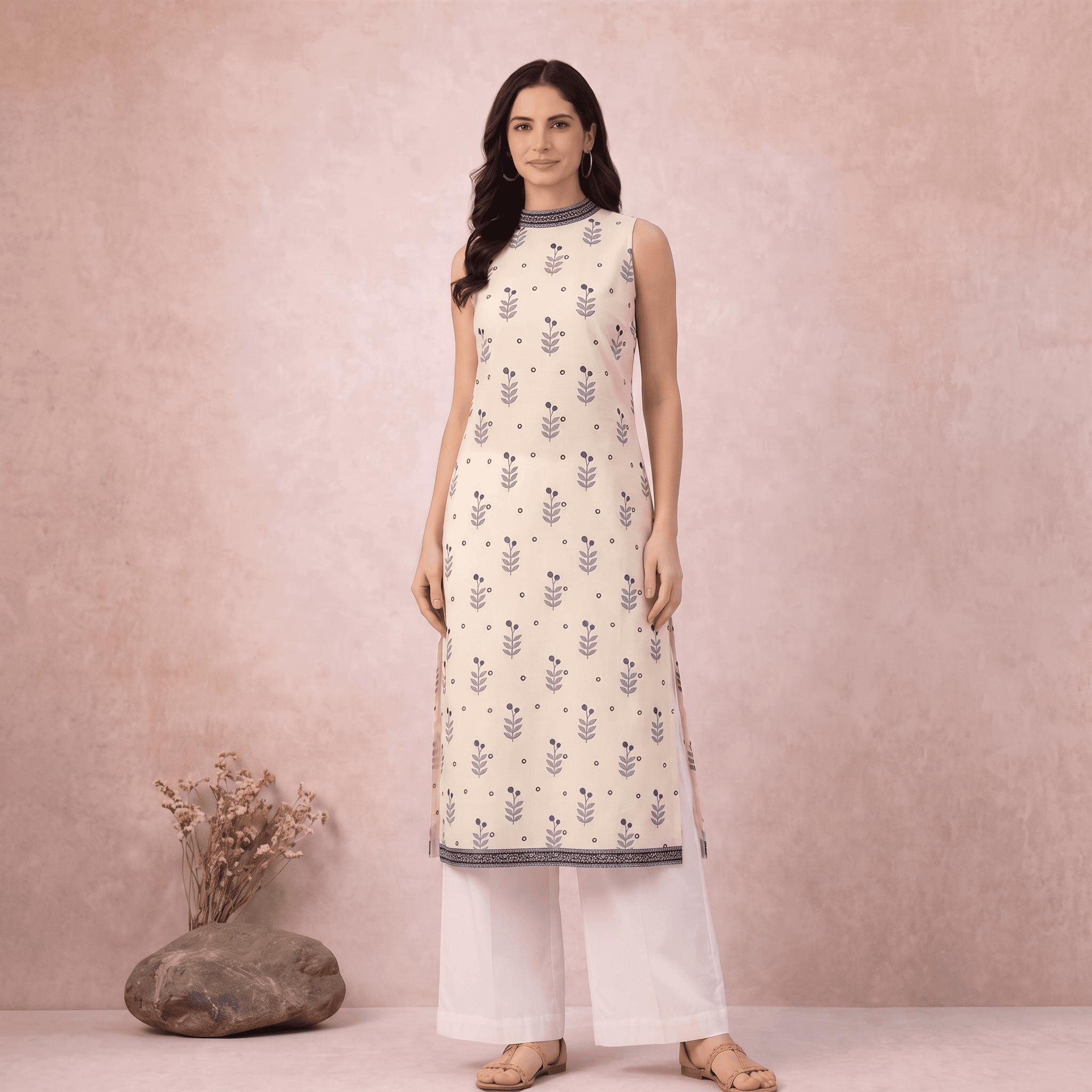 White & Indigo Floral High-Neck Cotton Kurti